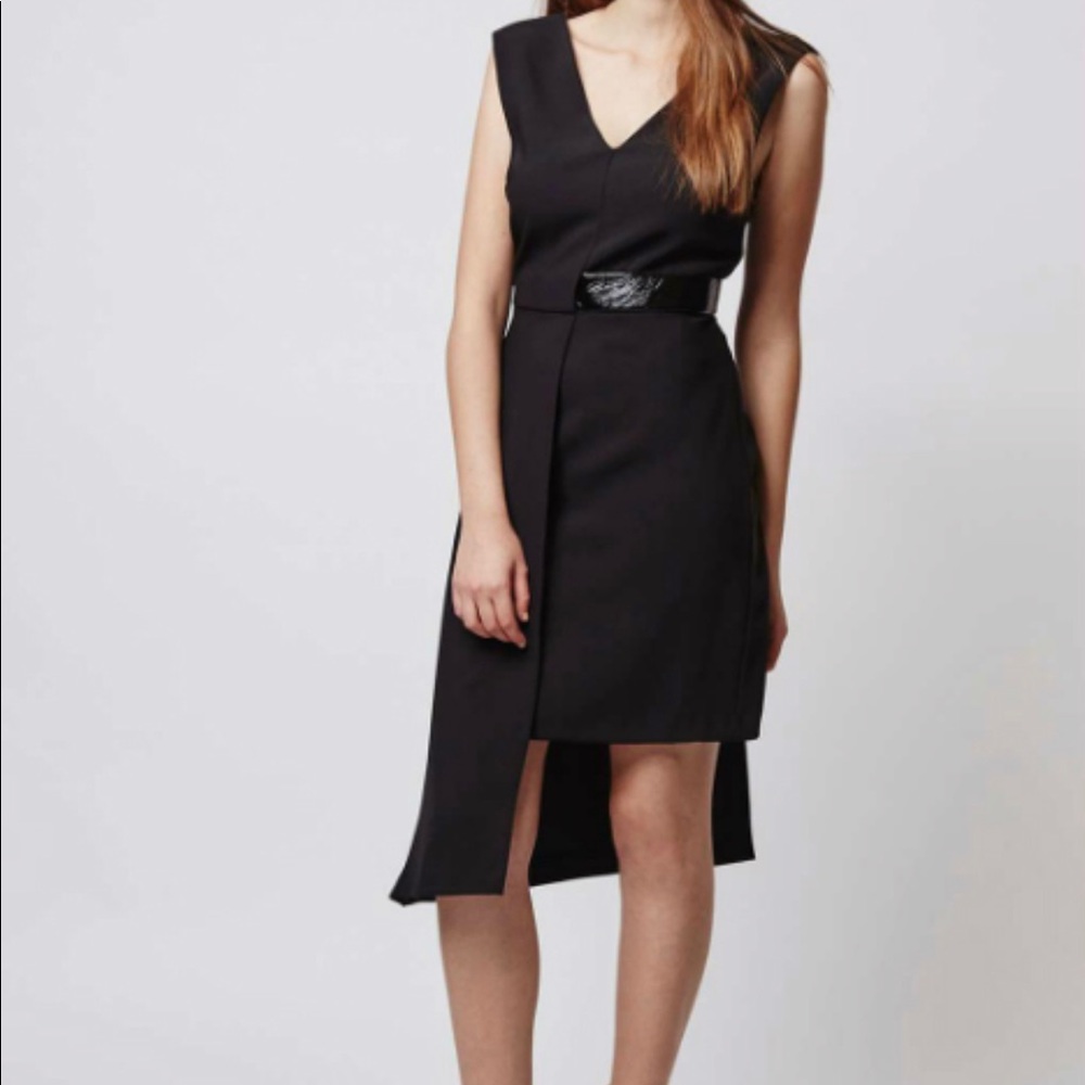 Topshop high low black dress with leather detail